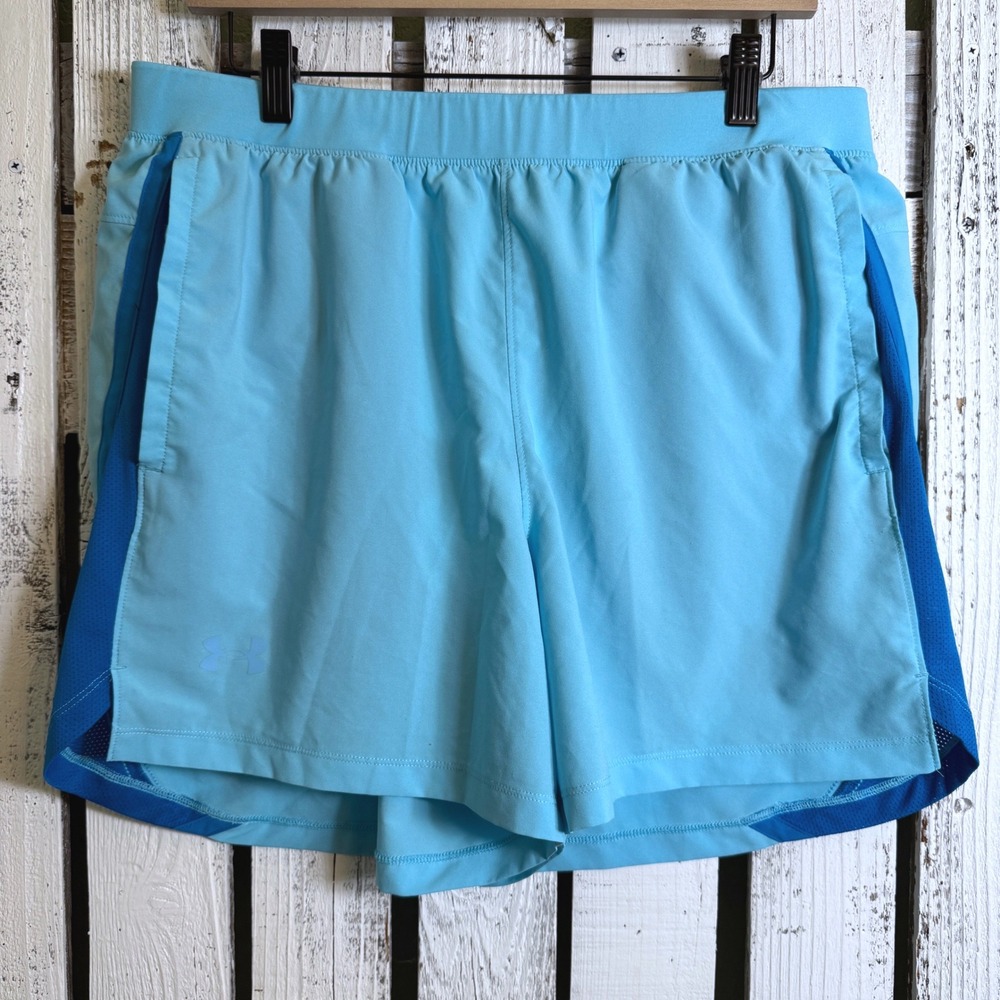 Under Armour Womens XL HeatGear Running Shorts Blue Mesh Pockets Lined Gym Walk